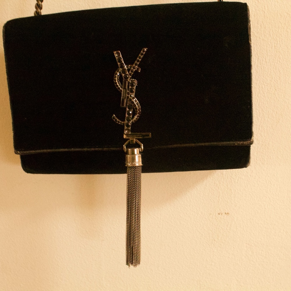Saint Laurent Velvet Crystal Monogram Kate Tassel Chain Wallet
